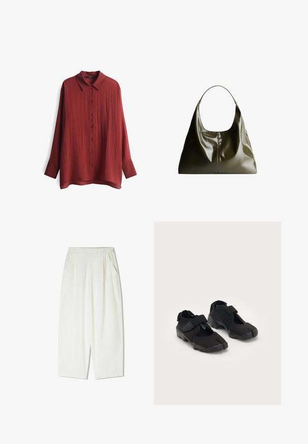 Zwarte cropped jas van gestructureerde stof, voorzien van een ritssluiting aan de voorkant, brede mouwen en twee zijzakken.; Rode, langarmige shirt gemaakt van een gestructureerde, lichte stof. Bevat een kraag en een knoopsluiting aan de voorkant met bijpassende knopen.; Losse, knielange witte broeken gemaakt van een lichte stof, met zijzakken en een gegomde elastische tailleband.; Zwarte waterschoenen gemaakt van flexibel materiaal met een klittenbandsluiting, met een unieke gesplitste te ontwerpen en een rubberen zool met textuur voor grip.; Olijfgroene leren schoudertas met een gladde, glanzende afwerking. Beschikt over een afgeronde bovenkant en een zachte, hangende vorm. Minimalistisch design.