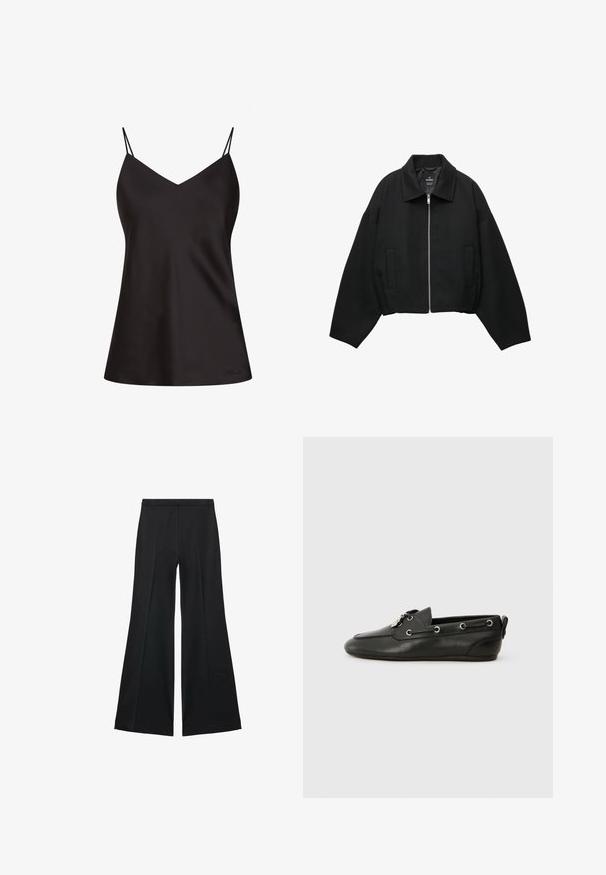 Črna krajša jakna iz teksturiranega materiala, s sprednjim zadrgo, širokimi rokavi in dvema stranskima žepoma.; Črna satinasta majica s tankimi nastavljivimi naramnicami, V-izrezom, letečo silhueto in diskretnim logotipom na levem dnu.; Črne široke hlače z gladko teksturo, ki imajo sprednje nabore in kroj po meri. Tkanina je lahka in zračna.; Črne usnjene čolnarske čevlje z zaobljenim prstom, zavezovanjem spredaj, kovinskimi očesci in ravnim podplatom. Imajo majhen trak na zadnji strani.