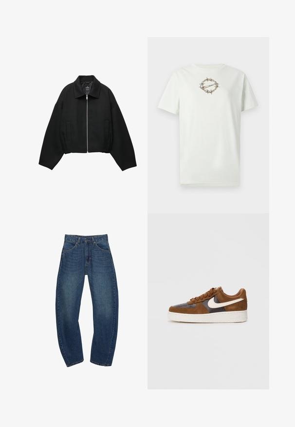Jachetă scurtă neagră dintr-un material texturat, cu închidere frontală cu fermoar, mâneci largi și două buzunare laterale.; Tricou din bumbac verde deschis cu un grafic central de sârmă ghimpată înconjurând un logo. Guler rotund și mâneci scurte. Textură moale.; Jeanși din denim albastru cu o croială largă, design cu cinci buzunare, închidere cu nasture și detalii de cusătură maro. Țesătura are un finisaj decolorat.; Sneaker din suede și piele maro, cu un Swoosh alb, vârf rotund, șireturi texturate și o talpă groasă din cauciuc alb.