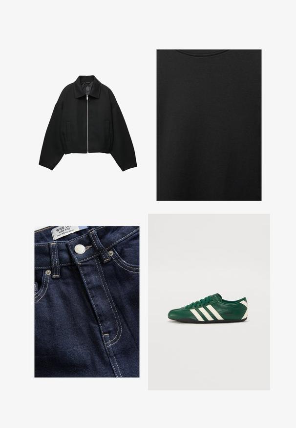 Sort cropped jakke lavet af tekstureret stof, med lynlås lukning foran, brede ærmer og to sidelommer.; Sort bomuldsstof med glat struktur og rund halsudskæring, prydet med et subtilt, jævnt kornmønster. Ingen synlige logoer eller accenter.; Next WIDE - Wide leg - rinse; Grønne lædersneakers med hvide striber, rund tå, snørremodel, sort sål og "adidas TOKYO" branding på siden.