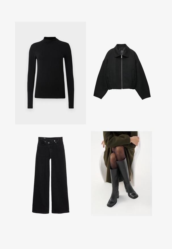 Fekete rövidített dzseki texturált anyagból, elöl cipzáras záródással, széles ujjak és két oldalsó zseb található rajta.; Fekete, hosszú ujjú, galléros póló sima anyagból; testhezálló kialakítás magas gallérral és láthatatlan varratokkal. Egyszerű, egyszínű.; Fekete, magas derekú, bő szárú farmernadrág, elülső zsebekkel, övhurkokkal és dupla gombos záródással.; Térdfelett érő fekete bőr csizmák négyzet alakú orral és tömbtalppal, olajzöld kabátban ülő modellel bemutatva. Simaság, minimalista részletezés.