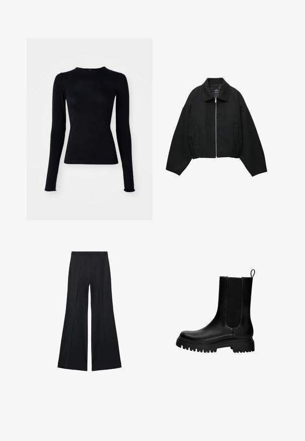 Czarna krótka kurtka wykonana z teksturowanej tkaniny, z zamkiem błyskawicznym z przodu, szerokimi rękawami oraz dwiema bocznymi kieszeniami.; Czarna, długorękawowa bluzka wykonana z gładkiego, elastycznego materiału. Posiada wysoki dekolt i dopasowany krój, z lekko rozszerzonymi mankietami.; Czarne spodnie o szerokich nogawkach z gładką teksturą, z przodu ozdobione zakładkami i skrojonym fasonem. Materiał jest lekki i zwiewny.; Czarne skórzane botki na kostkę z elastycznymi panelami bocznymi, uchwytem i grubą, wytrzymałą podeszwą. Gładka tekstura z nowoczesnym designem.