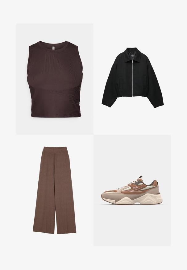 Zwarte cropped jas van gestructureerde stof, voorzien van een ritssluiting aan de voorkant, brede mouwen en twee zijzakken.; Donkerbruine geribbelde crop top met brede banden, ronde halslijn en naadloos ontwerp. Beschikt over een aansluitende silhouet en rekbare stof voor comfort.; Brede pijpen van een textuurstof met ribbels in een warme bruine kleur. Heeft een naadloze tailleband en een vloeiende silhouet.; Fila RECADE - Sneakers laag - oxford tan/pale mauve