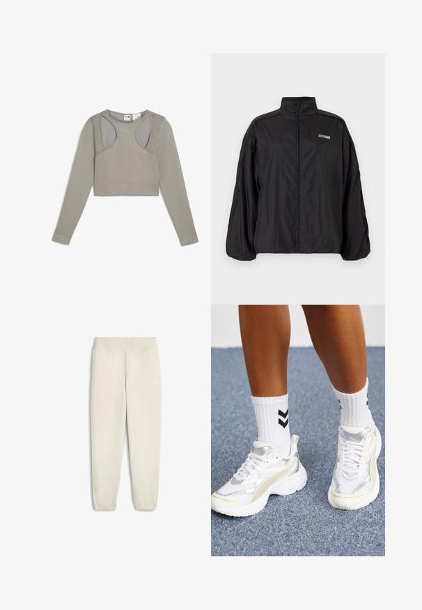 Zwarte lichte gewatteerde jack met hoge kraag en klein "ROSIE"- en Puma-logo op de borst, met lange mouwen en een losse pasvorm.; Lichtgrijze, geribbelde cropped top met lange mouwen en schouderuitsparingen, voorzien van een subtiele logo. Heeft een aansluitende pasvorm en een gestructureerde stof.; Lichtbeige sweatpants van zachte stof, met een elastische tailleband, cuffed enkels en een klein wit logo aan de zijkant.; Witte sneakers met zilveren accenten, gemaakt van mesh-materiaal en met een chunky ontwerp. Gecombineerd met witte sokken met zwarte chevronpatronen.