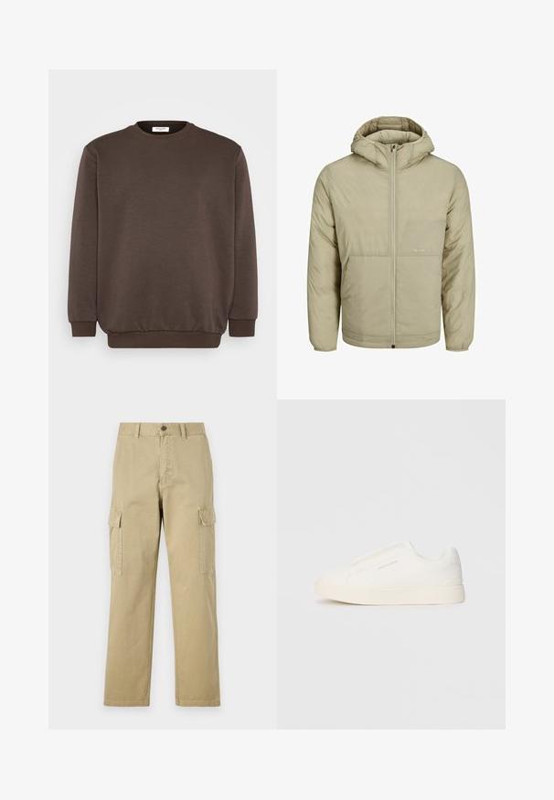 Beige Kapuzenjacke mit Reißverschluss, verfügt über ein dezentes Logo auf der Brust und eine gesteppten Textur mit elastischen Bündchen und Saum.; Jack & Jones JJEBRADLEY CREW  - Sweatshirt - mulch; Beige Cargo-Hosen aus Baumwolle, mit zwei Seitentaschen, einem Knopfverschluss und geraden Beinen aus einem leicht strukturierten Stoff.; Weiße Slip-On-Sneaker mit einer strukturierten Oberfläche, dicker Sohle und minimalistischem Design. Mit Logo der Marke an der Seite.
