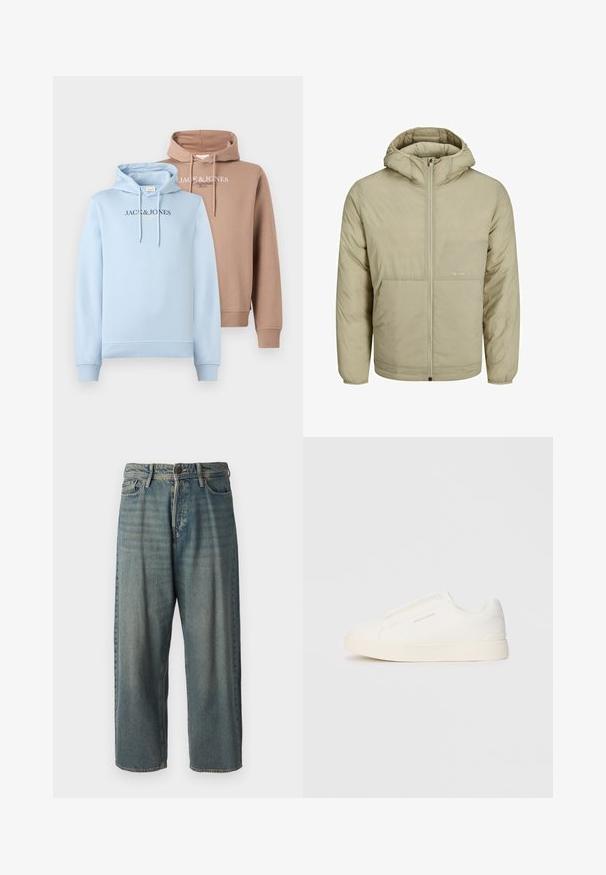 Beige hættejakke med lynlås foran, har et diskret logo på brystet samt en quiltet tekstur med elastiske cuffs og forneden.; Hættejakker i lyseblå og beige, med en frontlomme i kengurustil, snøre i huen og "JACK & JONES" logoet hen over brystet i kontrastfarver.; Lyseblå denim jeans med løs pasform, mellemhøj talje og lige ben. Har fem lommer, bæltestropper og en knappelukning.; Hvide slip-on sneakers med en struktureret overflade, en tyk sål og et minimalistisk design. Har brandlogoet på siden.