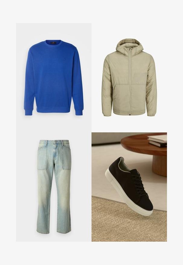 Bež kapuutsiga jakk, millel on lukuga eesmine osa, sisaldab rinnal peent logo ning on polsterdatud tekstuuriga koos elastsete varrukate ja äärtega.; Sinine dressipluus ümmarguse kaeluse, pikkade varrukate ja soonikuga mansettidega. Rinnal on tagasihoidlik tikitud logo. Materjal on puuvillasegune.; Hele sinine denimist teksad sirge säärega, nähtavate õmblustega ja kahe suuri esikotti. Kude on pleekinud tekstuuriga.; Mustad musta tossuga valge tallaga, mis hõljub beeži tekstuuriga vaiba kohal, ümaral puidust laual, mille peal on kokku virnastatud raamatud.