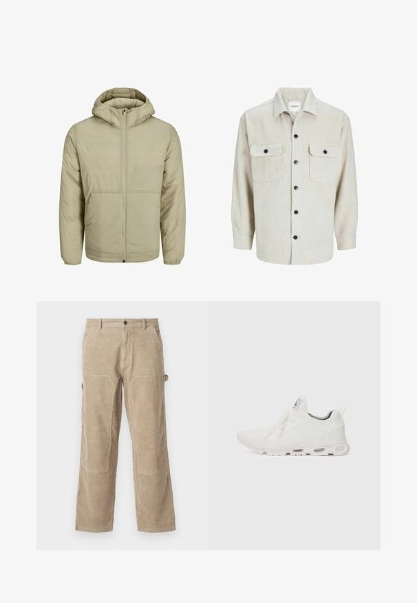 Beżowa kurtka z kapturem z zapięciem na zamek, posiada subtelne logo na piersi oraz pikowaną fakturę z elastycznymi mankietami i dolnym brzegiem.; Beżowa flanelowa koszula z kołnierzykiem, z dwoma kieszeniami na piersiach, czarnymi guzikami i długimi rękawami z mankietami na guziki.; Beżowe spodnie z korduroy o prostych nogawkach, z bocznymi kieszeniami i wzmocnionymi łatami na kolanach. Teksturowany materiał z pionowymi żeberkami.; Białe buty sportowe z teksturowaną cholewką z dzianiny, płaskimi sznurowadłami oraz wyściełaną podeszwą z widocznymi komorami powietrznymi dla dodatkowego wsparcia.