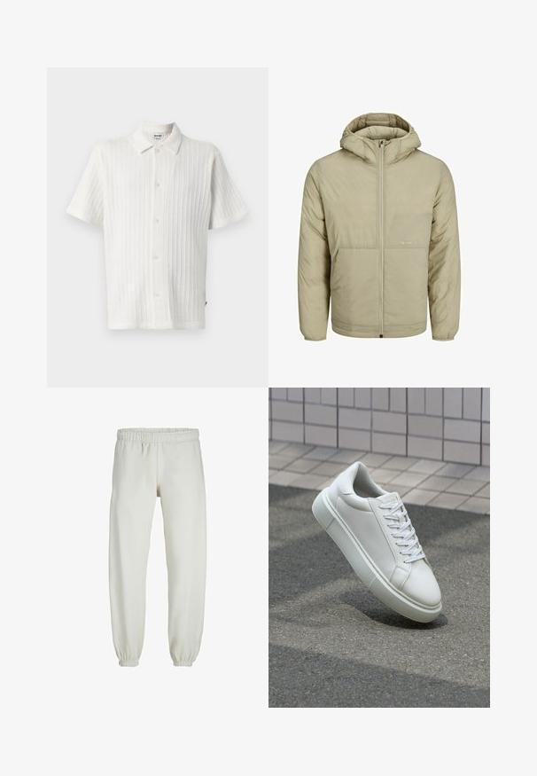 Beige hoodie met een rits aan de voorkant, voorzien van een subtiel logo op de borst, en een gequiltde textuur met elastische manchetten en een elastische zoom.; Korte mouwen, wit shirt met een gestructureerd, geribbeld ontwerp. Voorzien van een puntige kraag en zes knopen aan de voorkant voor sluiting.; Witte sweatpants gemaakt van zachte stof, met een elastische tailleband en boorden, een gladde textuur en een losvallend ontwerp.; Witte leren sneaker met een glad oppervlak, ronde neus en platte witte veters. Voorzien van een gestructureerde rubberen zool en minimale ontwerpelementen.