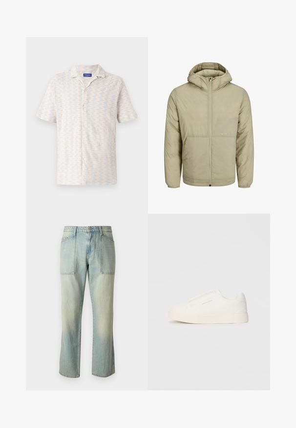 Giacca beige con cappuccio e zip frontale, presenta un logo discreto sul petto e una texture trapuntata con polsini e orlo elasticizzati.; Camicia a maniche corte con bottoni in colori chiari, caratterizzata da un motivo a zigzag, colletto e cinque bottoni frontali. Realizzata in tessuto traspirante.; Jeans in denim azzurro chiaro con taglio dritto, cuciture visibili e due ampie tasche frontali. Il tessuto ha una texture sbiadita.; Sneakers bianchi slip-on con superficie texturizzata, suola spessa e design minimalista. Presentano il logo del marchio sul lato.