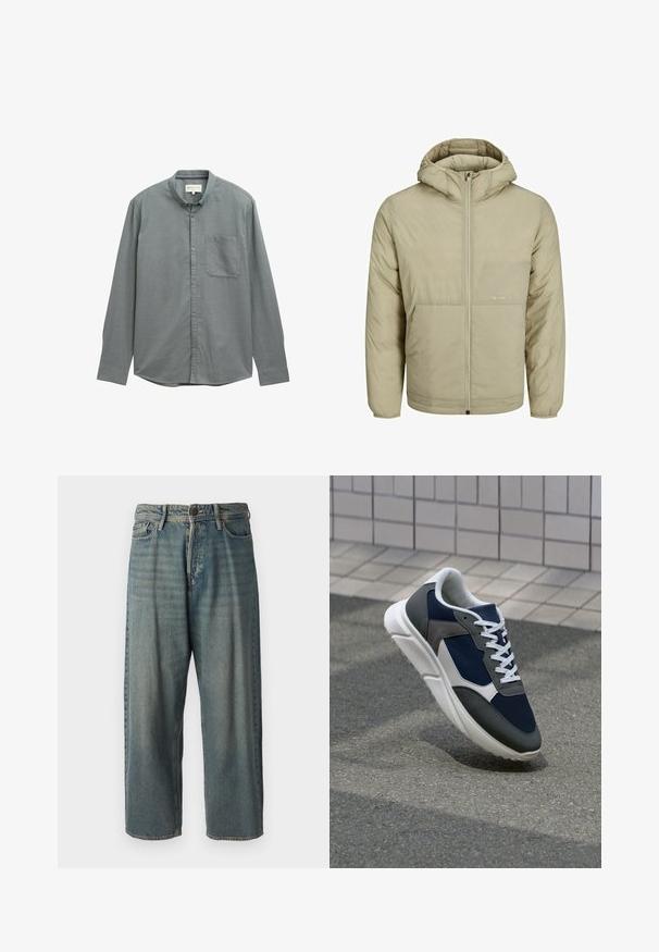 Beżowa kurtka z kapturem z zapięciem na zamek, posiada subtelne logo na piersi oraz pikowaną fakturę z elastycznymi mankietami i dolnym brzegiem.; Jasnoszara koszula na guziki z kołnierzykiem typu spread, długimi rękawami i jedną kieszonką na piersi. Wykonana z miękkiego, teksturowanego materiału.; Jasnoniebieskie dżinsy o luźnym kroju, średnim stanie i prostych nogawkach. Posiadają pięć kieszeni, szlufki na pasek oraz zapięcie na guzik.; Sneakers z granatową siateczkową cholewką, szarymi zamszowymi akcentami, białą gumową podeszwą i płaskimi białymi sznurówkami, zaprojektowane z myślą o komforcie i wentylacji.
