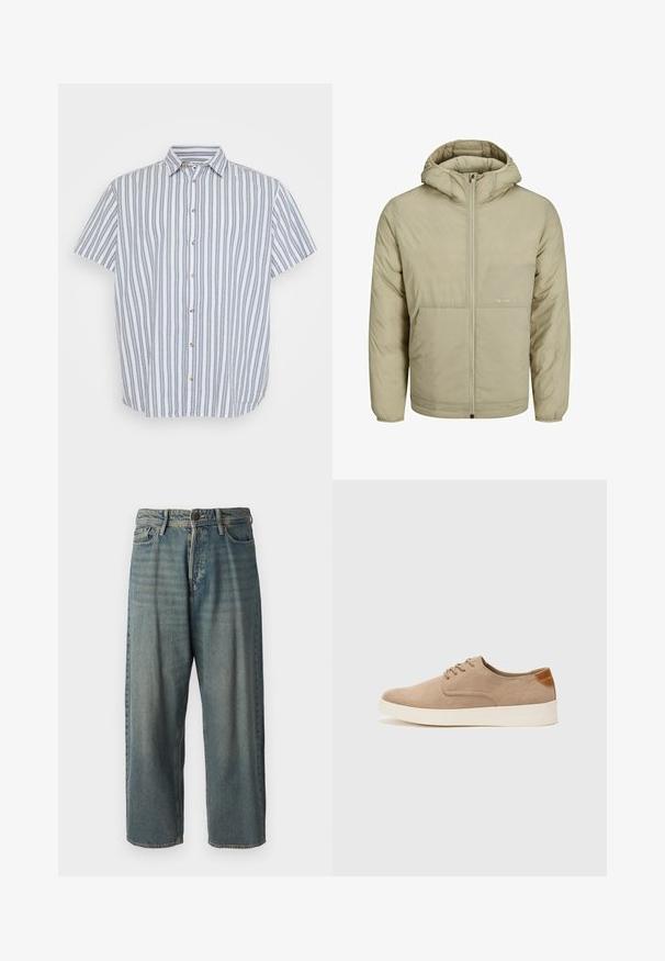 Beige Kapuzenjacke mit Reißverschluss, verfügt über ein dezentes Logo auf der Brust und eine gesteppten Textur mit elastischen Bündchen und Saum.; Kurzärmliges Hemd in Weiß mit blauen vertikalen Streifen. Es hat einen klassischen Kragen und Holzknöpfe an der Vorderseite.; Helle blaue Denim-Jeans mit lockerer Passform, mittelhoher Taille und geraden Beinen. Hat fünf Taschen, Gürtelschlaufen und einen Knopfverschluss.; Beige Wildleder-Sneaker mit runder Zehenpartie, Schnürung und strukturiertem Rückenteil. Die weiße Gummisohle sorgt für einen Kontrast. Einfaches und modernes Design.