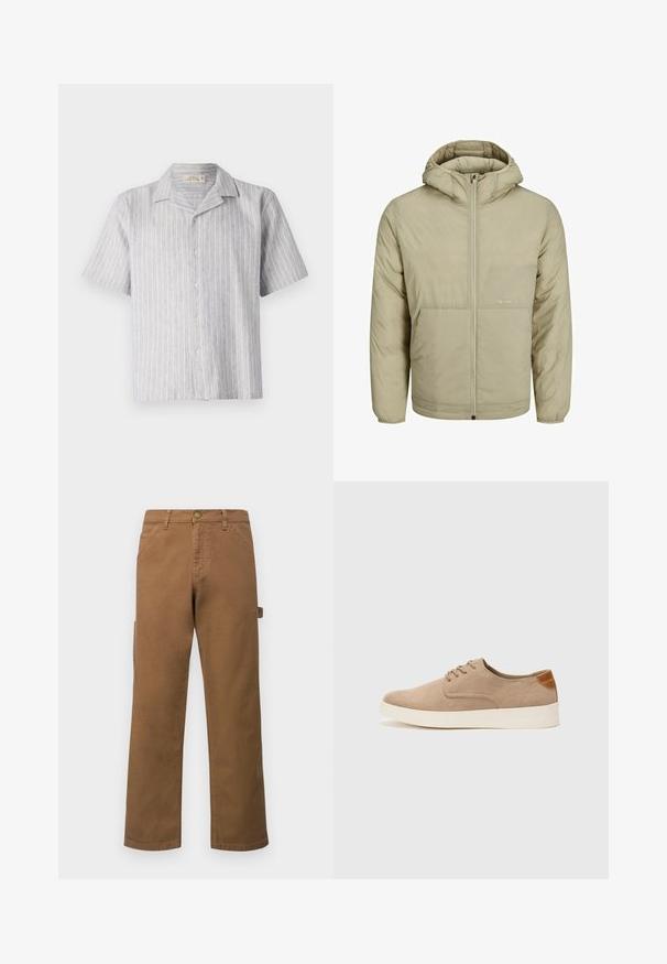 Chaqueta con capucha color beige, con cierre frontal, presenta un logo sutil en el pecho y una textura acolchada con puños y dobladillo elásticos.; Camisa de botón de manga corta en lino a rayas azul claro y blanca. Presenta un cuello clásico y un dobladillo recto, con cinco botones en la parte delantera.; Pantalones cargo de algodón marrón con piernas rectas, que presentan bolsillos laterales y un cierre de botón metálico en la cintura. Textura suave y diseño casual.; Zapatillas de ante beige con puntera redondeada, cordones en la parte delantera y un acento texturizado en la parte trasera. La suela de goma blanca proporciona contraste. Diseño sencillo y moderno.