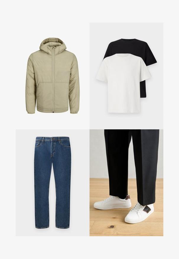 Jachetă bej cu glugă și fermoar frontal, cu un logo subtil pe piept și o textură matlasată, având manșete și tiv elastic.; Set de tricouri din bumbac, care include un top negru și unul alb, ambele cu mâneci scurte, guler rotund și croială standard. Material texturat.; Jeans din denim albastru cu picioare drepte, cu buzunare frontale, bucle pentru centură, închidere cu buton și detalii de cusătură vizibile.; Sneakers albe cu textură netedă, având accente din piele maro și detalii negre, asociate cu pantaloni negri pe măsură. Fundal din podea din lemn.