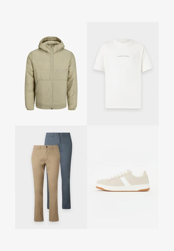 Beige hooded jacket with a zip front, features a subtle logo on the chest, and a quilted texture with elastic cuffs and hem.; White cotton t-shirt with short sleeves and a crew neck. Centered text reads "WELCOME TO PARADISE" in a curved green font.; Two pairs of straight-leg trousers: one in khaki and one in dark blue. Made of cotton; features a waistband and button closure.; Beige sneaker with white accents, suede texture, rounded shape, lace-up design, and a contrasting gum rubber outsole.