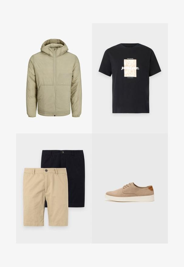 Veste à capuche beige avec fermeture éclair à l'avant, dotée d'un logo discret sur la poitrine, et d'une texture matelassée avec des poignets et un ourlet élastiques.; T-shirt noir en coton avec col rond. Présente un graphique rectangulaire beige et un texte blanc "JAWO" centré sur le devant. Manches courtes.; Deux paires de shorts, l'une beige et l'autre noire, en coton. Les deux présentent un bouton, un devant plat et sont conçus pour arriver au genou.; Baskets en daim beige avec un embout arrondi, un laçage sur le devant et un accent texturé à l'arrière. La semelle en caoutchouc blanche offre un contraste. Design simple et moderne.