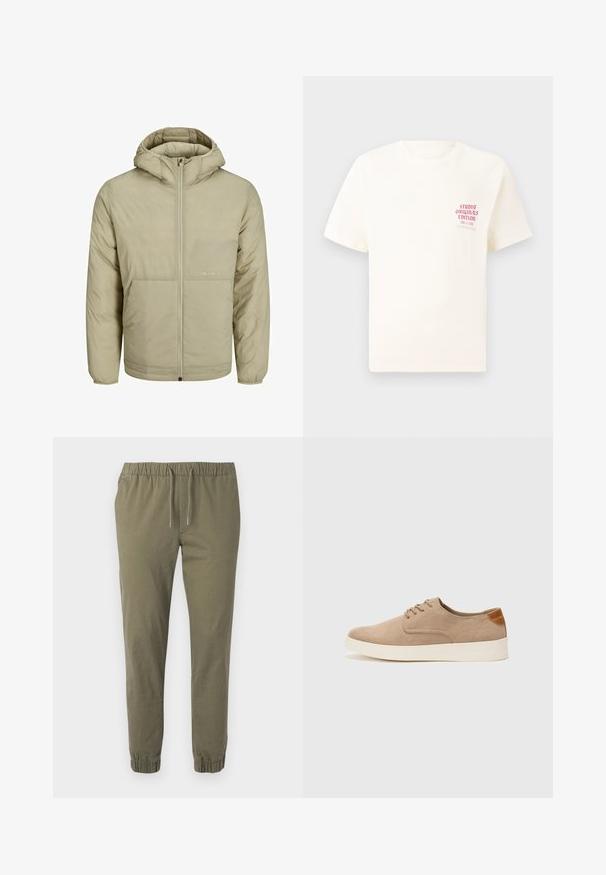 Jachetă bej cu glugă și fermoar frontal, cu un logo subtil pe piept și o textură matlasată, având manșete și tiv elastic.; Tricou alb cu mânecă scurtă, având text roșu "Studio Originals Edition" pe partea stângă a pieptului, expus pe un fundal gri neutru.; Pantaloni verzi măslinii, conici, cu talie elastică și șnur ajustabil. Prezintă manșete elastice și un material ușor, neted.; Tenisi din suede bej cu vârf rotund, sistem de șireturi în față și un accent texturat în spate. Talpa albă din cauciuc oferă un contrast. Design simplu și modern.