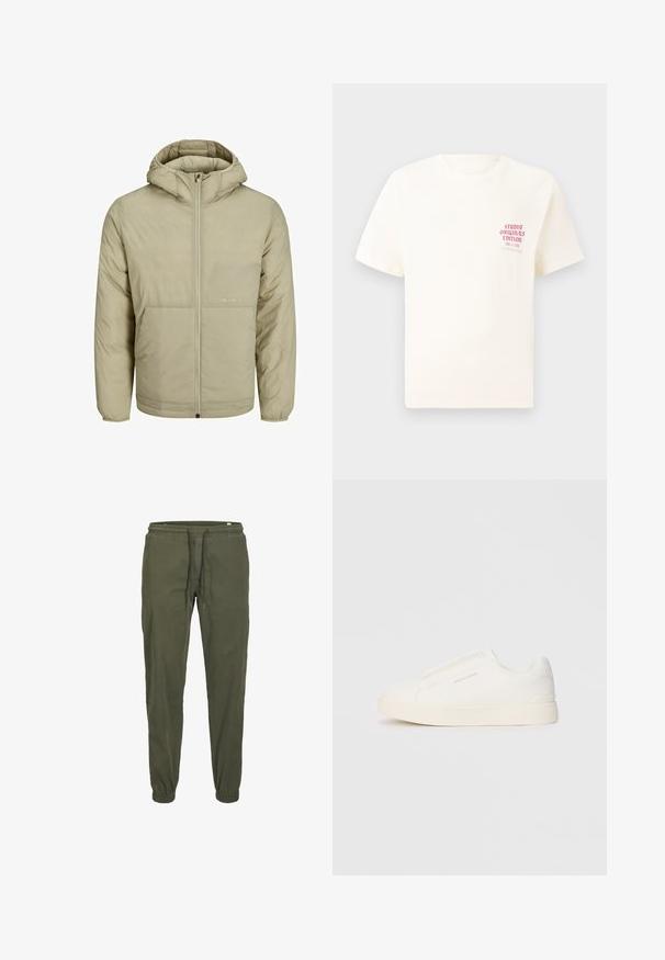 Bež jakna s kapuco in zadrgo spredaj, z diskretnim logotipom na prsih ter quiltano teksturo z elastičnimi manšetinami in robom.; Bela majica s kratkimi rokavi z rdečim napisom "Studio Originals Edition" na levi strani prsnega koša, prikazana na nevtralnem sivo backgroundu.; Olivno zelene trenirke s elastičnim pasom, vrvico za zapiranje in zoženimi manšetami. Narejene iz mehke, teksturirane bombažne tkanine.; Bele zapete brez vezalk z teksturirano površino, debelim podplatom in minimalističnim dizajnom. Na strani se nahaja logotip blagovne znamke.