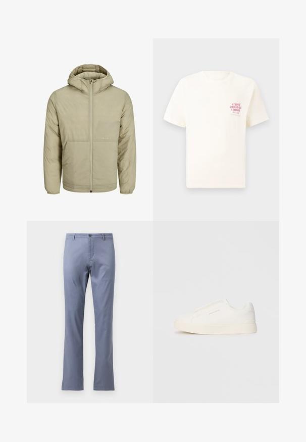 Beige krēma krāsas kapuce jaka ar rāvējslēdzēja priekšu, ar diskrētu logotipu uz krūtīm, ar quilted tekstūru un elastīgām piedurknēm un apakšmalu.; Balts īsām piedurknēm T-krekls ar sarkanu tekstu "Studio Originals Edition" uz kreisā krūšu, pakārtots neitrālā pelēkā fonā.; Gai zilgani kokvilnas bikses ar taisnu griezumu, plakanu priekšpusi, jostai paredzētiem cilpiņām un vienu pogu aizdari jostasvietā. Nav redzamu rakstu.; Baltas slip-on sporta apavi ar teksturētu virsmu, biezu zoli un minimālistisku dizainu. Sānos redzams zīmola logotips.