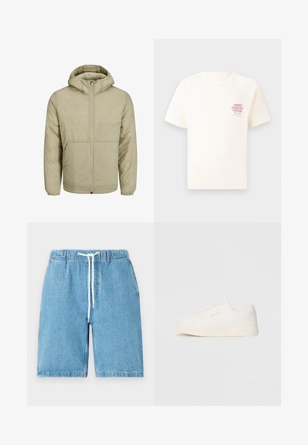 Chaqueta con capucha color beige, con cierre frontal, presenta un logo sutil en el pecho y una textura acolchada con puños y dobladillo elásticos.; Camiseta blanca de manga corta con el texto rojo "Edición de Studio Originals" en el lado izquierdo del pecho, exhibida sobre un fondo gris neutro.; Shorts de mezclilla azul claro con cintura elástica, cordón blanco y un ajuste relajado. Presentan una textura suave y bordes rematados.; Zapatillas blancas tipo slip-on con una superficie texturizada, suela gruesa y diseño minimalista. Presenta el logo de la marca en un lado.