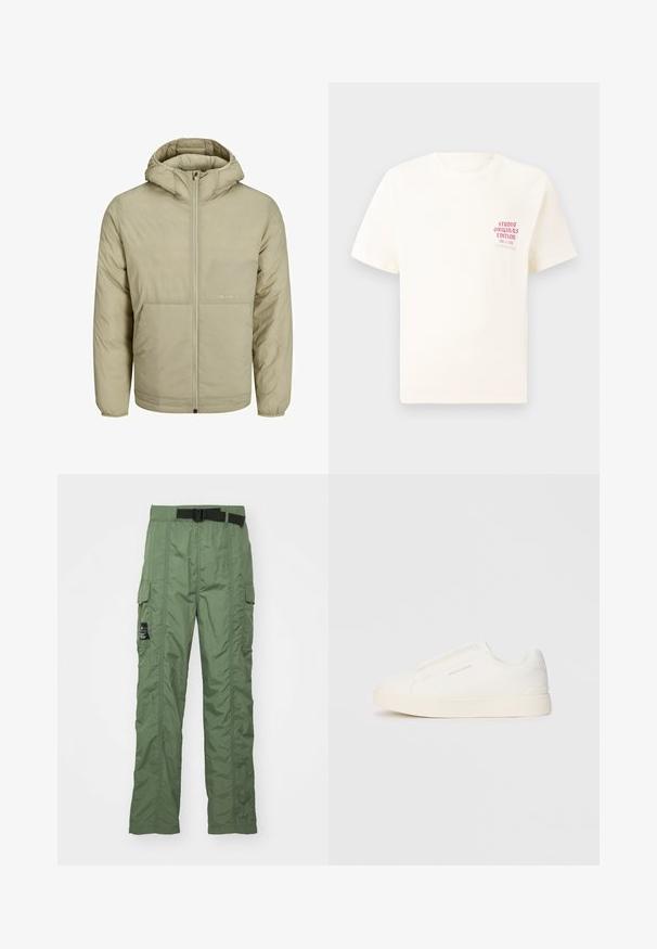 Bež jakna s kapuco in zadrgo spredaj, z diskretnim logotipom na prsih ter quiltano teksturo z elastičnimi manšetinami in robom.; Bela majica s kratkimi rokavi z rdečim napisom "Studio Originals Edition" na levi strani prsnega koša, prikazana na nevtralnem sivo backgroundu.; Cargo hlače v olivno zeleni barvi, narejene iz lahkega materiala. Imajo črn pas, cargo žepke na straneh in detajle šivanja.; Bele zapete brez vezalk z teksturirano površino, debelim podplatom in minimalističnim dizajnom. Na strani se nahaja logotip blagovne znamke.
