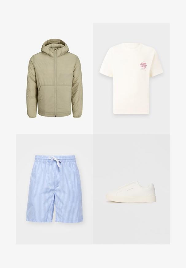 Beige hættejakke med lynlås foran, har et diskret logo på brystet samt en quiltet tekstur med elastiske cuffs og forneden.; Hvid kortermet T-shirt med rød tekst "Studio Originals Edition" på venstre bryst, vist på en neutral grå baggrund.; Lyseblå stribede badeshorts lavet af glat stof. Har en hvid snor og sidelommer. Længden er midt på låret med lige snit.; Hvide slip-on sneakers med en struktureret overflade, en tyk sål og et minimalistisk design. Har brandlogoet på siden.