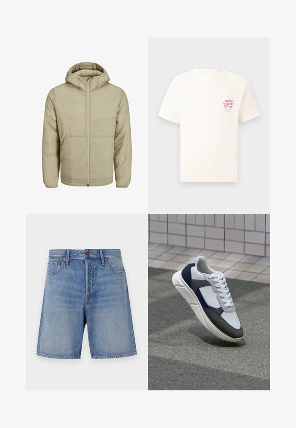 Beige hoodie met een rits aan de voorkant, voorzien van een subtiel logo op de borst, en een gequiltde textuur met elastische manchetten en een elastische zoom.; Witte T-shirt met korte mouwen met rode tekst "Studio Originals Edition" op de linker borst, weergegeven op een neutrale grijze achtergrond.; Lichtblauwe denimshorts met een hoge taille, een traditionele vijf-pocket ontwerp en contrasterende stiksels langs de naden.; Witte, marineblauwe en grijze sneaker met een gemengde materiaald ontwerp, met een gestructureerde bovenkant, platte veters en een gevoerde zool.