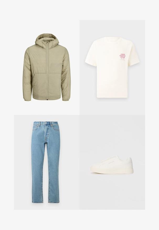 Bež jakna s kapuco in zadrgo spredaj, z diskretnim logotipom na prsih ter quiltano teksturo z elastičnimi manšetinami in robom.; Bela majica s kratkimi rokavi z rdečim napisom "Studio Originals Edition" na levi strani prsnega koša, prikazana na nevtralnem sivo backgroundu.; Svijetloplave traperice ravnog kroja, s narančastim šavovima, zatvaranjem na gumb i klasičnim dizajnom s pet džepova.; Bele zapete brez vezalk z teksturirano površino, debelim podplatom in minimalističnim dizajnom. Na strani se nahaja logotip blagovne znamke.