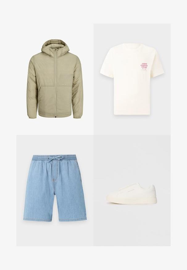 Beige krēma krāsas kapuce jaka ar rāvējslēdzēja priekšu, ar diskrētu logotipu uz krūtīm, ar quilted tekstūru un elastīgām piedurknēm un apakšmalu.; Balts īsām piedurknēm T-krekls ar sarkanu tekstu "Studio Originals Edition" uz kreisā krūšu, pakārtots neitrālā pelēkā fonā.; Gai ziliņš džinsu šorti ar elastīgu jostasvietu, aukliņu aizdari, krokām priekšpusē un taisniem griezumiem.; Baltas slip-on sporta apavi ar teksturētu virsmu, biezu zoli un minimālistisku dizainu. Sānos redzams zīmola logotips.