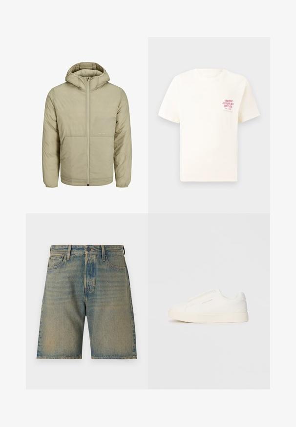 Bež jakna s kapuco in zadrgo spredaj, z diskretnim logotipom na prsih ter quiltano teksturo z elastičnimi manšetinami in robom.; Bela majica s kratkimi rokavi z rdečim napisom "Studio Originals Edition" na levi strani prsnega koša, prikazana na nevtralnem sivo backgroundu.; Denim kratke hlače v svetlo modri barvi z posvetljenim pranjem. Vključujejo pet žepov, zadrgo, gumbasto zapiranje in trdno šivanje ob robovih.; Bele zapete brez vezalk z teksturirano površino, debelim podplatom in minimalističnim dizajnom. Na strani se nahaja logotip blagovne znamke.