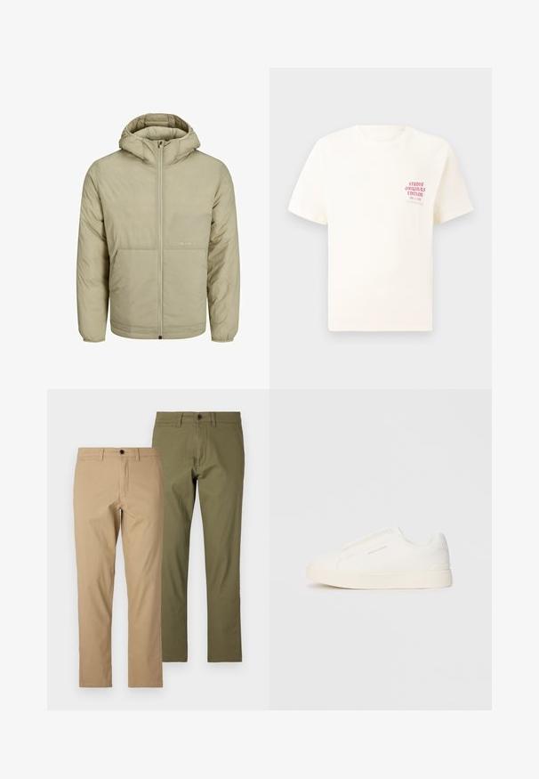 Giacca beige con cappuccio e zip frontale, presenta un logo discreto sul petto e una texture trapuntata con polsini e orlo elasticizzati.; T-shirt bianco a maniche corte con testo rosso "Studio Originals Edition" sul lato sinistro del petto, esposto su uno sfondo grigio neutro.; Pantaloni in cotone beige e verde oliva, design a gamba dritta, con passanti per cintura, chiusura con zip e bottone, con una texture liscia.; Sneakers bianchi slip-on con superficie texturizzata, suola spessa e design minimalista. Presentano il logo del marchio sul lato.