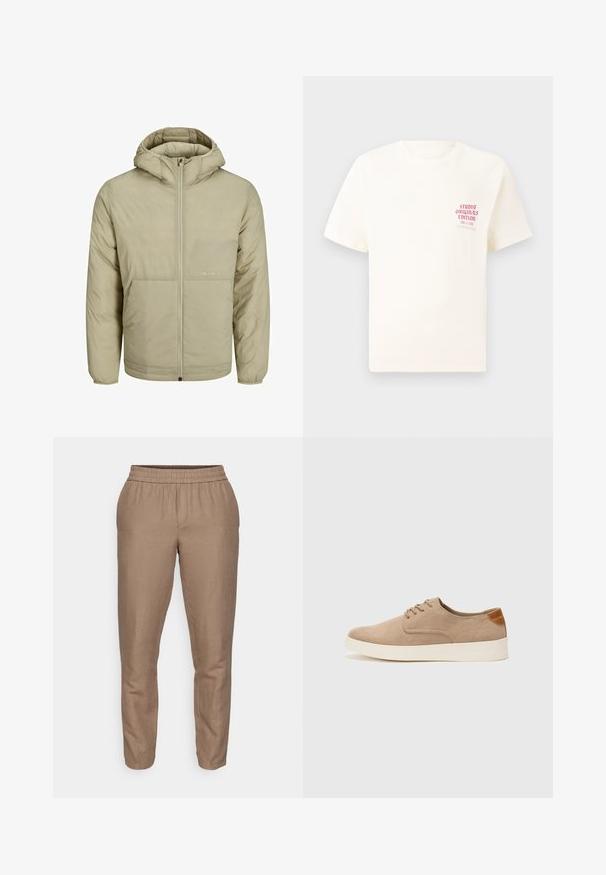 Jachetă bej cu glugă și fermoar frontal, cu un logo subtil pe piept și o textură matlasată, având manșete și tiv elastic.; Tricou alb cu mânecă scurtă, având text roșu "Studio Originals Edition" pe partea stângă a pieptului, expus pe un fundal gri neutru.; Pantaloni din in ușor, maro, cu un brâu elastic, design cu picioare taperate și o textură netedă. Fără buzunare vizibile sau embellishments.; Tenisi din suede bej cu vârf rotund, sistem de șireturi în față și un accent texturat în spate. Talpa albă din cauciuc oferă un contrast. Design simplu și modern.