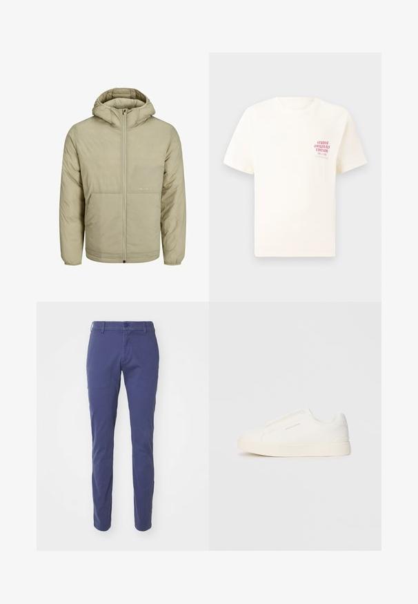 Béžová kapucňová bunda so zipsom na prednej strane, obsahuje nenápadné logo na hrudi a prešívanú textúru s elastickými manžetami a dolným lemom.; Biele tričko s krátkym rukávom s červeným textom "Studio Originals Edition" na ľavej hrudi, zobrazené na neutrálnom šedom pozadí.; Námornícko modré nohavice so štíhlym strihom, s gombíkovým zapínaním, pútkami na opasok a hladkou bavlnenou textúrou.; Biele slip-on tenisky s textúrovaným povrchom, hrubou podrážkou a minimalistickým dizajnom. Obsahuje logo značky na boku.