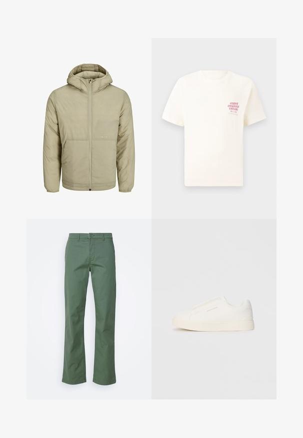 Jachetă bej cu glugă și fermoar frontal, cu un logo subtil pe piept și o textură matlasată, având manșete și tiv elastic.; Tricou alb cu mânecă scurtă, având text roșu "Studio Originals Edition" pe partea stângă a pieptului, expus pe un fundal gri neutru.; Pantaloni din bumbac verde, cu un design drept, având un sistem de închidere cu buton în față și buzunare laterale. Textură netedă și fără modele.; Tenisi albi slip-on cu o suprafață texturată, talpă groasă și un design minimalist. Prezintă logo-ul brandului pe lateral.