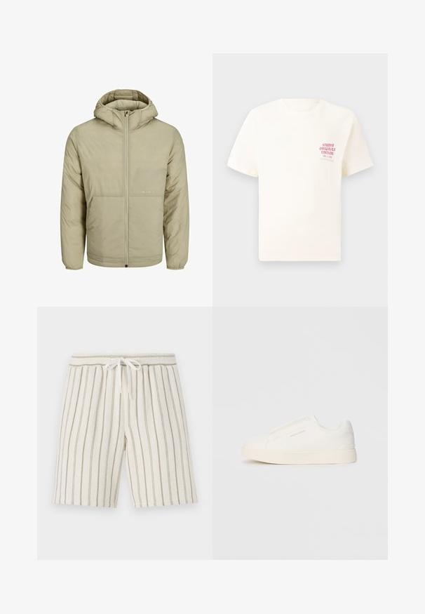 Beige hooded jacket with a zip front, features a subtle logo on the chest, and a quilted texture with elastic cuffs and hem.; White short-sleeve T-shirt with red text "Studio Originals Edition" on left chest, displayed on a neutral gray background.; Light beige shorts with vertical olive green stripes, made of textured fabric. Features an elastic waistband with a drawstring.; White slip-on sneakers with a textured surface, a thick sole, and minimalistic design. Features brand logo on the side.