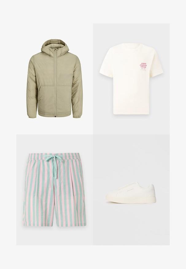 Beżowa kurtka z kapturem z zapięciem na zamek, posiada subtelne logo na piersi oraz pikowaną fakturę z elastycznymi mankietami i dolnym brzegiem.; Biała koszulka z krótkim rękawem z czerwonym napisem "Studio Originals Edition" po lewej stronie klatki piersiowej, wyeksponowana na neutralnym szarym tle.; Lekkie szorty w paski z naprzemiennymi poziomymi paskami w kolorze turkusowym i różowym, z elastycznym pasem w talii oraz z przodem wiązanym w kokardę.; Białe sneakersy wsuwane z teksturowanej powierzchni, grubą podeszwą i minimalistycznym designem. Zawierają logo marki z boku.