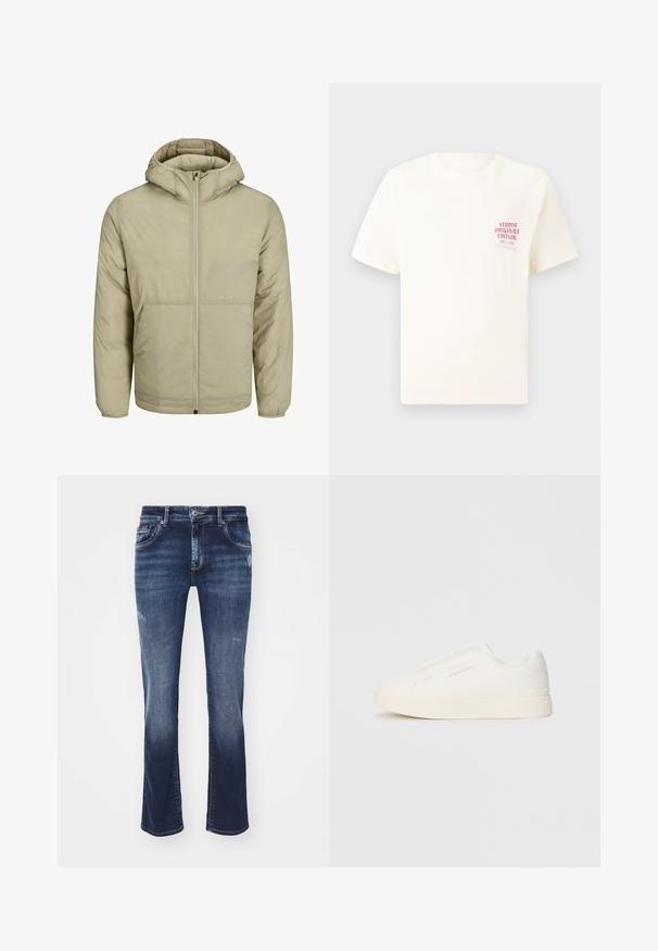 Chaqueta con capucha color beige, con cierre frontal, presenta un logo sutil en el pecho y una textura acolchada con puños y dobladillo elásticos.; Camiseta blanca de manga corta con el texto rojo "Edición de Studio Originals" en el lado izquierdo del pecho, exhibida sobre un fondo gris neutro.; Vaqueros de mezclilla azul oscuro con ligero desgaste y detalles desgastados, diseño de cinco bolsillos y corte recto. Siene trabillas en la cintura.; Zapatillas blancas tipo slip-on con una superficie texturizada, suela gruesa y diseño minimalista. Presenta el logo de la marca en un lado.