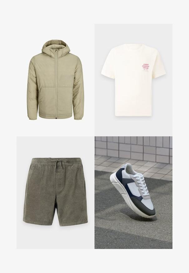 Veste à capuche beige avec fermeture éclair à l'avant, dotée d'un logo discret sur la poitrine, et d'une texture matelassée avec des poignets et un ourlet élastiques.; T-shirt blanc à manches courtes avec le texte rouge "Édition Originals du Studio" sur la poitrine gauche, présenté sur un fond gris neutre.; Shorts en velours côtelé de couleur vert olive, avec une taille élastique munie d'un cordon de serrage, des côtes verticales texturées et des poches latérales.; Baskets blanches, bleu marine et grises avec un design en matériaux mélangés, présentant une tige texturée, des lacets plats et une semelle rembourrée.