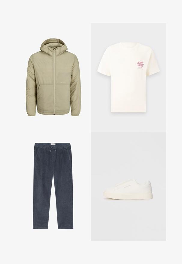 Beige Kapuzenjacke mit Reißverschluss, verfügt über ein dezentes Logo auf der Brust und eine gesteppten Textur mit elastischen Bündchen und Saum.; Weißes T-Shirt mit kurzen Ärmeln und rotem Text "Studio Originals Edition" auf der linken Brust, präsentiert vor einem neutralen grauen Hintergrund.; Marineblaue Cordhosen mit elastischem Bund und Kordelzug; mit seitlichen Taschen und vertikaler Rippstruktur. Gerades Bein Design.; Weiße Slip-On-Sneaker mit einer strukturierten Oberfläche, dicker Sohle und minimalistischem Design. Mit Logo der Marke an der Seite.