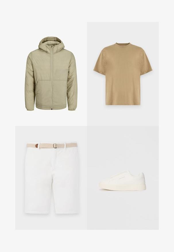 Beige színű kapucnis dzseki, elöl cipzárral, a mellkason egy halvány logóval rendelkezik, és steppelt textúrával, rugalmas mandzsettákkal és aljjal.; Khaki színű, rövid ujjú póló, puha anyagból készült, kerek nyakkivágással és lazább fazonnal. Minták vagy grafikák nem láthatók.; Fehér pamut rövidnadrág, szőtt bézs övvel, barna részletekkel. A rövidnadrág letisztult dizájnnal és sima textúrával rendelkezik.; Fehér slip-on sportcipők texturált felülettel, vastag talppal és minimalista dizájnnal. Az oldalon a márka logója található.