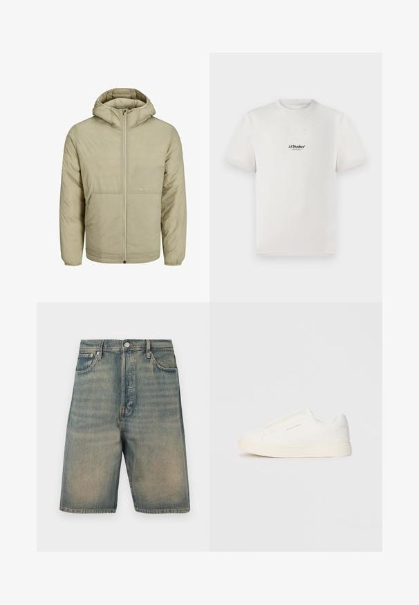 Beige színű kapucnis dzseki, elöl cipzárral, a mellkason egy halvány logóval rendelkezik, és steppelt textúrával, rugalmas mandzsettákkal és aljjal.; Fehér pamut póló rövid ujjakkal, a mellkasán fekete "JJ Studios" logóval. Kerek nyakú és standard fit kialakítás.; Farmert rövidnadrág, megfakult kék színben, magas derekú dizájn, öt zsebes stílus, fém kiegészítőkkel és látható varrási részletekkel.; Fehér slip-on sportcipők texturált felülettel, vastag talppal és minimalista dizájnnal. Az oldalon a márka logója található.