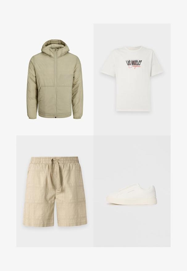 Beige színű kapucnis dzseki, elöl cipzárral, a mellkason egy halvány logóval rendelkezik, és steppelt textúrával, rugalmas mandzsettákkal és aljjal.; Fehér pamut póló rövid ujjakkal és kerek nyakkivágással. Black és piros színű "Los Angeles California" grafika díszíti. Egyszerű, laza szabású.; Beige színű, könnyű anyagú sort, rugalmas derékkal és húzózsinórral, finom rácsos mintával és egyenes szabással.; Fehér slip-on sportcipők texturált felülettel, vastag talppal és minimalista dizájnnal. Az oldalon a márka logója található.