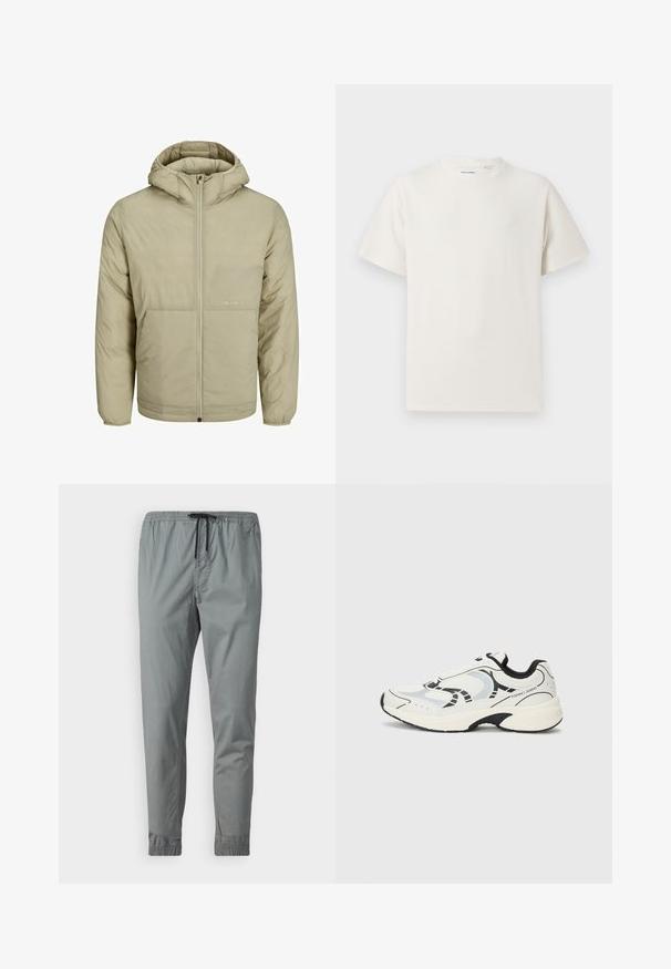 Beige hooded jacket with a zip front, features a subtle logo on the chest, and a quilted texture with elastic cuffs and hem.; White short-sleeve T-shirt in a ribbed texture. Round neckline, relaxed fit, no visible patterns or accents. Simple and versatile design.; Gray casual pants with an elastic waistband, drawstring closure, and tapered legs. Smooth fabric with elastic cuffs at the ankles.; White athletic sneakers with black accents, featuring a mesh upper, cushioned sole, and geometric design elements. Brand logo on side.