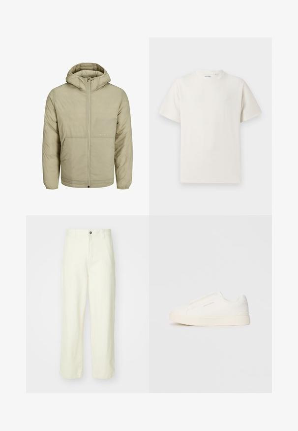 Jachetă bej cu glugă și fermoar frontal, cu un logo subtil pe piept și o textură matlasată, având manșete și tiv elastic.; Tricou alb cu maneci scurte, dintr-un material ribbed. Guler rotund, croi lejer, fără modele sau accente vizibile. Design simplu și versatil.; Pantaloni din bumbac galben deschis, cu croială dreaptă, având închidere cu buton frontal, bucle pentru curea și un design curat, minimalist.; Tenisi albi slip-on cu o suprafață texturată, talpă groasă și un design minimalist. Prezintă logo-ul brandului pe lateral.