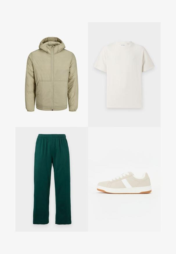 Beige színű kapucnis dzseki, elöl cipzárral, a mellkason egy halvány logóval rendelkezik, és steppelt textúrával, rugalmas mandzsettákkal és aljjal.; Fehér, rövid ujjú póló bordázott textúrával. Kerek nyakkivágás, laza szabás, nincs látható minta vagy díszítés. Egyszerű és sokoldalú dizájn.; Sötétzöld polárnadrág, rugalmas derékkal, egyenes szárakkal és látható varrásrészletekkel az elején, fehér háttér előtt.; Beige színű sneaker fehér részletekkel, velúr textúrával, lekerekített formával, fűzős kialakítással és kontrasztos gumitalp alkalmazásával.