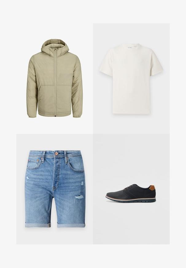 Bež jakna s kapuco in zadrgo spredaj, z diskretnim logotipom na prsih ter quiltano teksturo z elastičnimi manšetinami in robom.; Bela majica s kratkimi rokavi iz rebraste tkanine. Okrogli izrez, sproščen kroj, brez vidnih vzorcev ali naglasov. Preprosta in vsestranska zasnova.; Svijetloplavi traper šorc sa istaknutim rupama, prevrnutim rubovima, pet džepova i kopčanjem na dugme. Izrađen od mekanog, prozračnog materijala.; Črne sintetične čevlje z teksturirano zgornjščino, gladkimi akcenti, rjavim petnim delom in kontrastnim podplatom. Imajo minimalno vezanje in detajle šivanja.