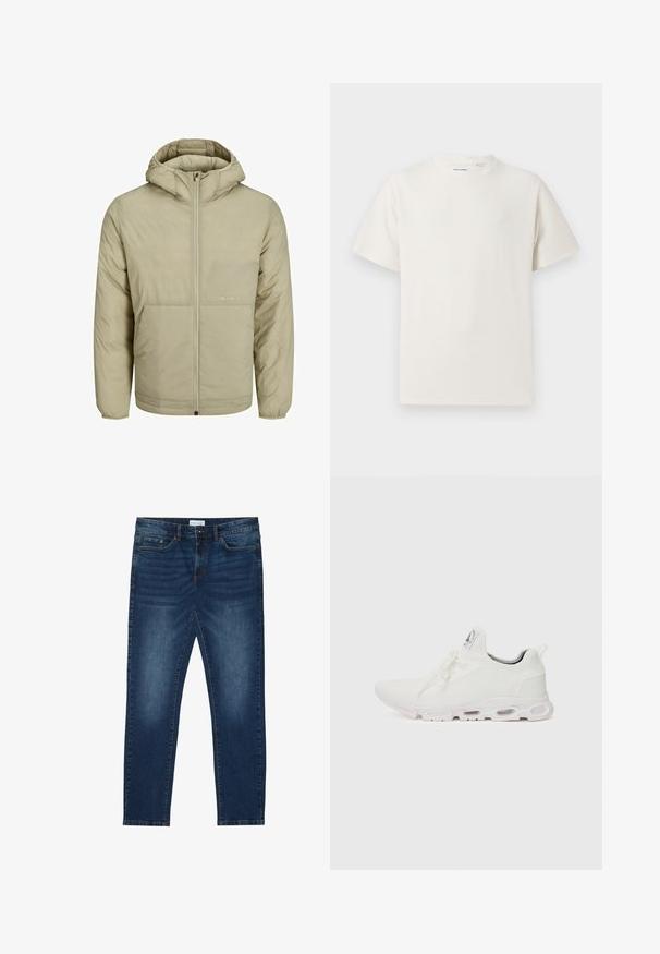 Béžová kapucňová bunda so zipsom na prednej strane, obsahuje nenápadné logo na hrudi a prešívanú textúru s elastickými manžetami a dolným lemom.; Biela krátka tričko s krátkym rukávom so žebrovanou textúrou. Okrúhly výstrih, uvoľnený strih, žiadne viditeľné vzory ani akcenty. Jednoduchý a všestranný dizajn.; Tmavomodré úzke džínsy s bledými detailmi, klasický dizajn s piatimi vreckami, zapínanie na gombík a pútka na opasok.; Biele športové topánky so štruktúrovaným pleteným zvrškom, plochými šnúrkami a odpruženou podrážkou s viditeľnými vzduchovými komorami pre dodatočnú podporu.