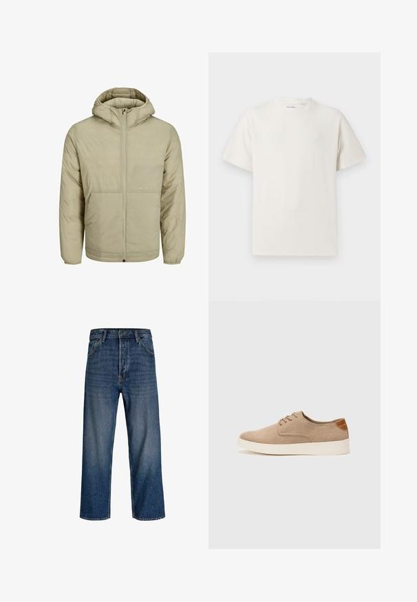 Beige hooded jacket with a zip front, features a subtle logo on the chest, and a quilted texture with elastic cuffs and hem.; White short-sleeve T-shirt in a ribbed texture. Round neckline, relaxed fit, no visible patterns or accents. Simple and versatile design.; Denim jeans with a straight-leg design, dark blue color, and subtle fading. Features five pockets and a button fly closure.; Beige suede sneakers with a rounded toe, lace-up front, and a textured back accent. White rubber sole provides contrast. Simple and modern design.
