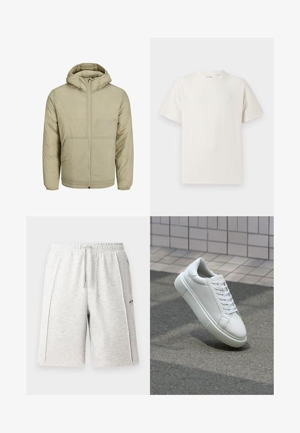 Bež jakna s kapuljačom i patentnim zatvaračem, s diskretnim logotipom na prsima, ima dekanu teksturu te elastične manšete i porub.; Bijela kratka majica s kratkim rukavima u rebrastoj teksturi. Okrugli izrez, ležeran kroj, bez vidljivih uzoraka ili akcenta. Jednostavan i svestran dizajn.; Svijetlosive kratke hlače srednje dužine izrađene od mekanog materijala, s elastičnom trakom za struk i vezicom, te bočnim džepovima. Suptilan detalj s logotipom.; Bijela kožna tenisica s glatkom površinom, okruglim vrhom i ravnim bijelim vezicama. Ima teksturiran gumeni potplat i minimalne dizajnerske elemente.