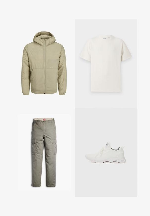 Beige huva jacka med dragkedja fram, har en diskret logotyp på bröstet och en vadderad textur med elastiska ärmar och nederkant.; Vit t-shirt med kort ärm i ribbad struktur. Rund halsringning, löst sittande passform, inga synliga mönster eller detaljer. Enkelt och mångsidigt design.; Cargo byxor i olivgrön, tillverkade av slitstark bomullsblandning, med sidofickor, rak bendesign och knappstängning.; Vitaidande sportskor i vitt med en texturerad stickad ovandel, platta snören och en vadderad sula med synliga luftkammare för extra stöd.